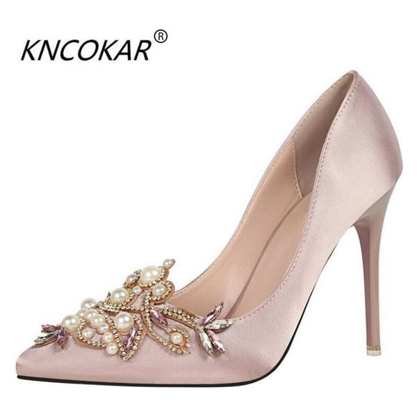 Women High Heel Silk Pumps Pointed Toe Crystal Pearls Party Shoes