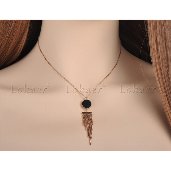 Classic Black Round Shell Tassel Pendant Necklace For Women Stainless Steel N18046 - Frimunt Clothing Co.