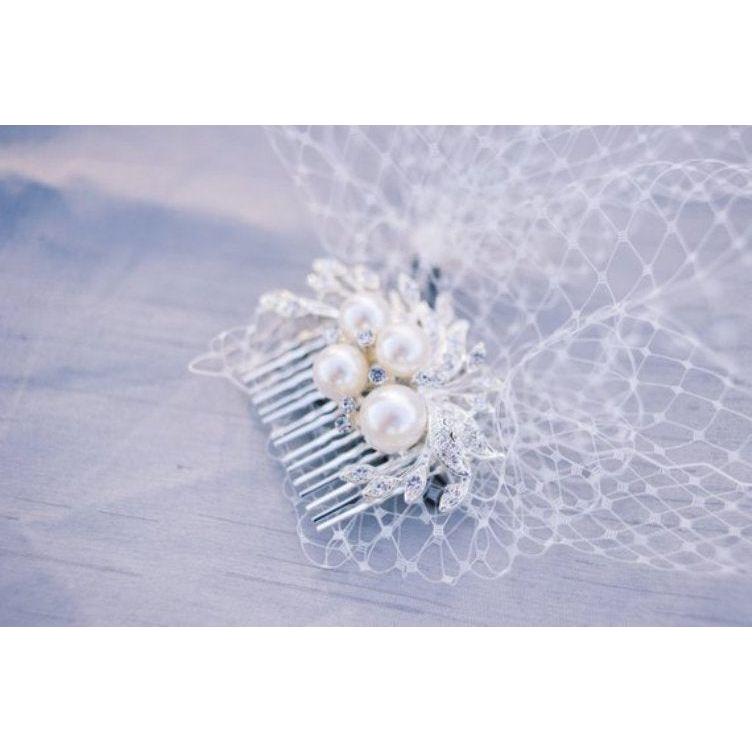 Bridal Birdcage Veil With Comb Pearls And Flowers - Frimunt Clothing Co.