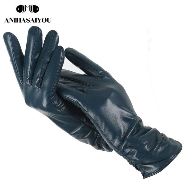 Classic Pleated Women's Genuine Leather Gloves Many Colors Real Sheepskin Leather Winter Gloves-2081