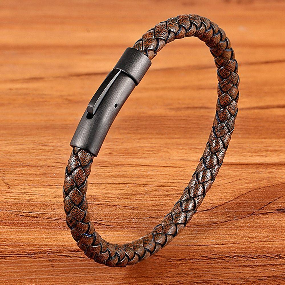 New Classic Style Men Leather Bracelet Simple Black Stainless Steel Button Accessories Hand-woven Jewelry Gifts - Frimunt Clothing Co.