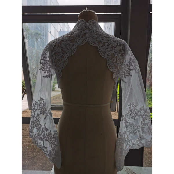Long Trumpet Sleeve Bridal Bolero Jacket With Lace Appliques  Backless - Frimunt Clothing Co.