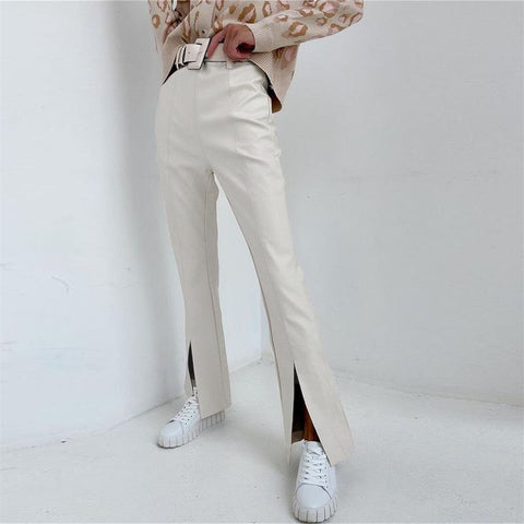 Women's Spring Autumn Flared Slit Trousers Eco Leather White Pants