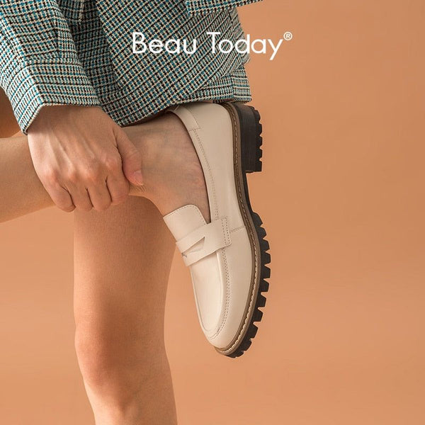 BeauToday Women Penny Loafers Calfskin Genuine Leather Moccasin Round Toe Spring Autumn Handmade Shoes