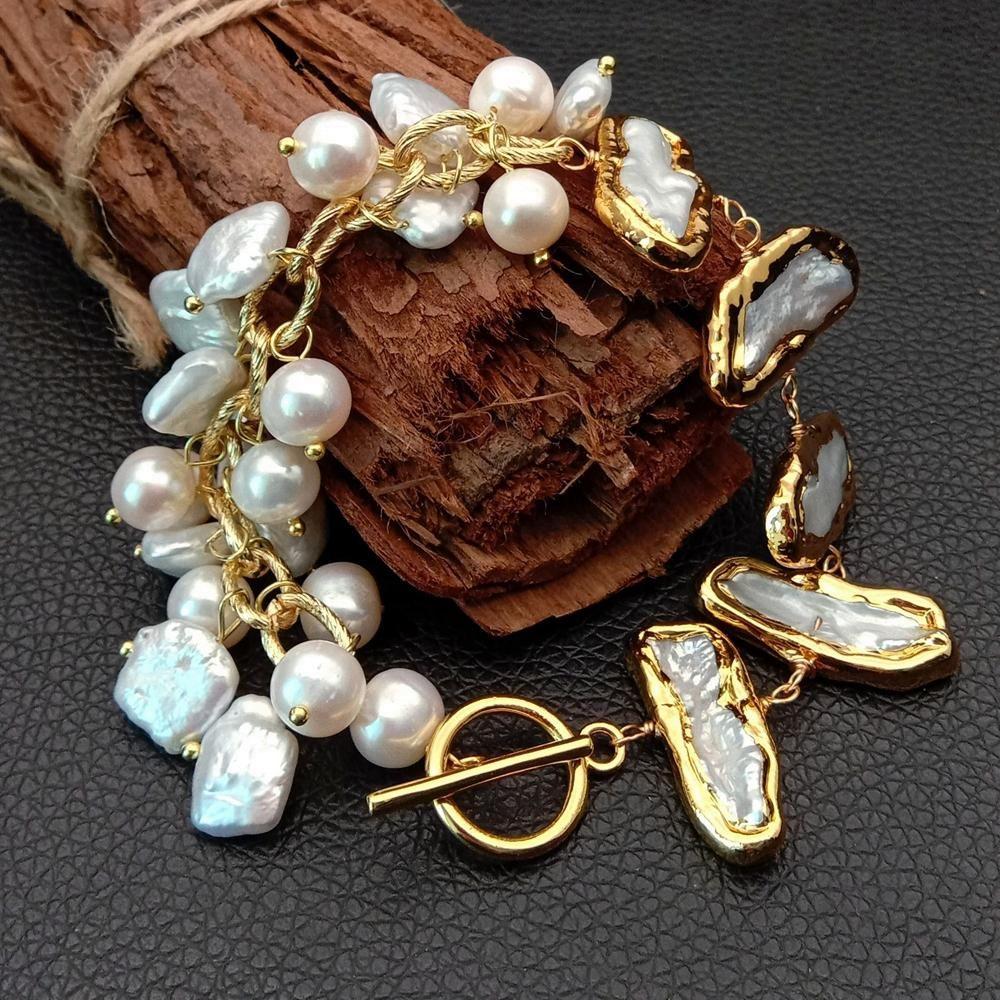 Women's Natural Top-Drilled Square Round Biwa Freshwater Pearls 8" Bracelet Gold Plated Chain Wrap Bracelet - Frimunt Clothing Co.