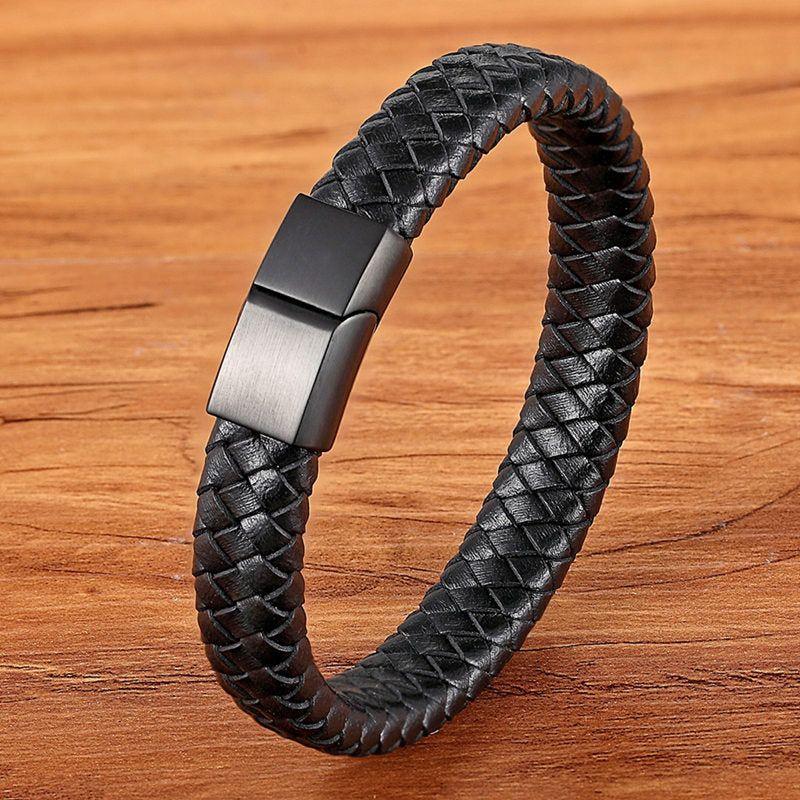 Stainless Steel Charm Magnetic Black Men Bracelet Leather Genuine Braided Punk Rock Bangles Jewelry Accessories - Frimunt Clothing Co.