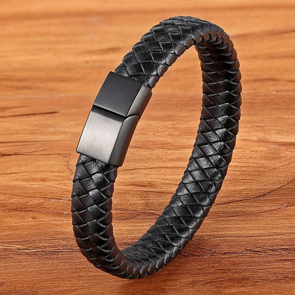Stainless Steel Charm Magnetic Black Men Bracelet Leather Genuine Braided Punk Rock Bangles Jewelry Accessories