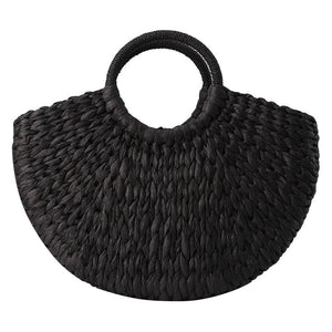 Women Hand Woven Handbag Rattan Wicker Straw Half Round Large Capacity Tote