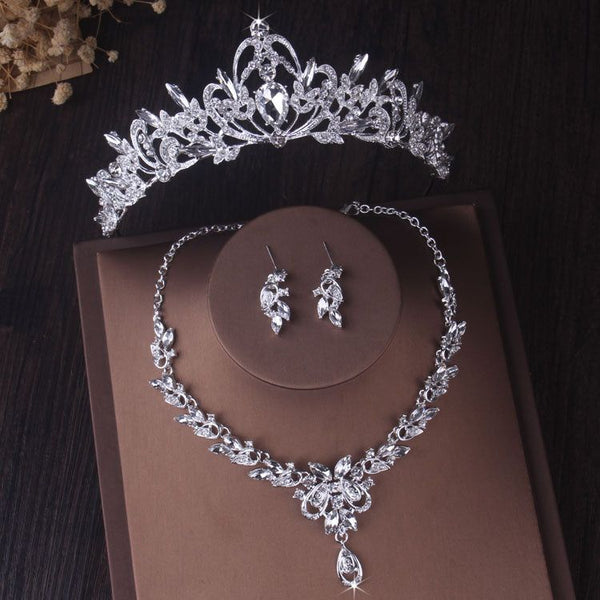 Gorgeous Silver Color Crystal Bridal Jewelry Sets Fashion Tiaras Crown Earrings Choker Necklace Women Wedding Dress Jewelry Set - Frimunt Clothing Co.