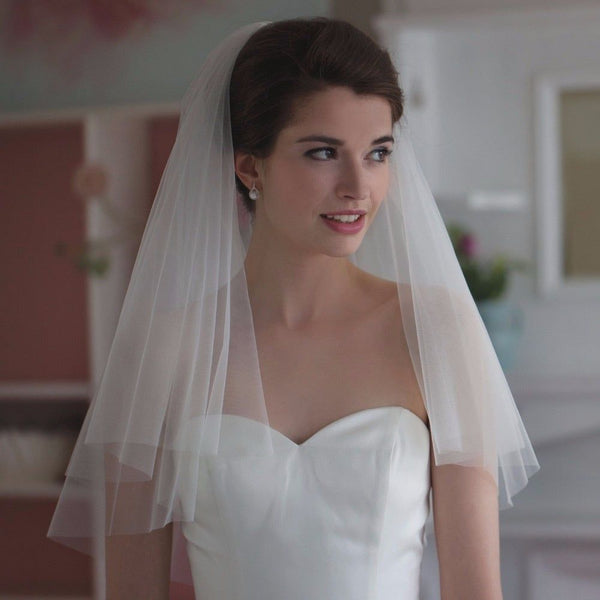 Simple Tulle White Ivory Two Layers Bridal Veils With Ribbon Edge or Without Edge