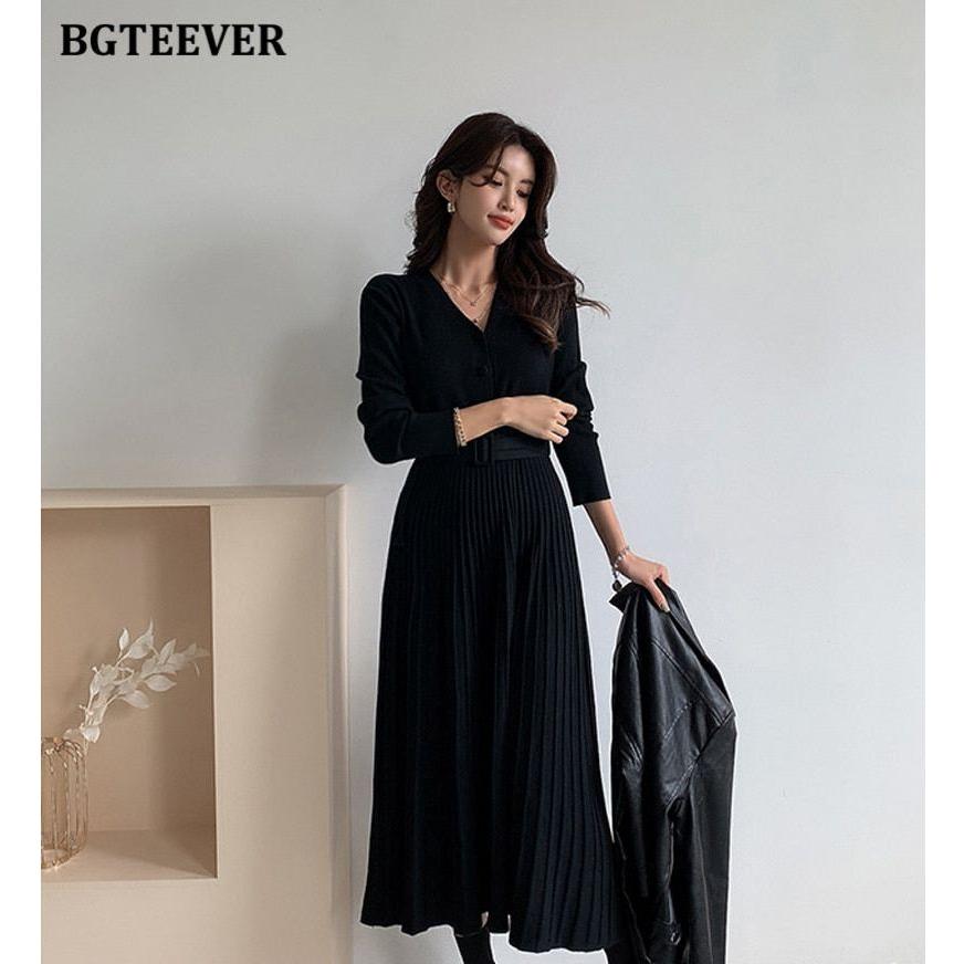 Elegant V-Neck Autumn Winter Knitted Belted Pleated Women's Long Dress - Frimunt Clothing Co.