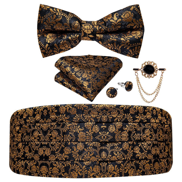 Black Floral Silk Men's Cummerbunds Bow Tie, Brooch, Hanky, Tuxedo Formal Wide Belt and Cufflinks Set. Formal Men's Fashion. - Frimunt Clothing Co.