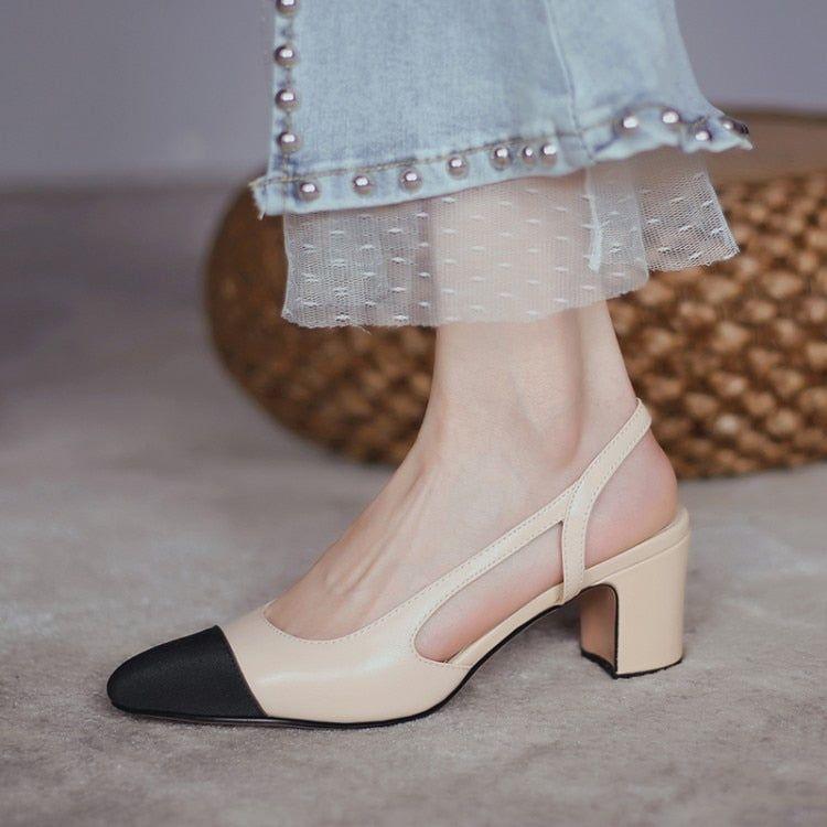Women Luxury Brand Designer Inspired Low Mid Heels Natural Genuine Leather Slingback Beige Nude Pumps - Frimunt Clothing Co.