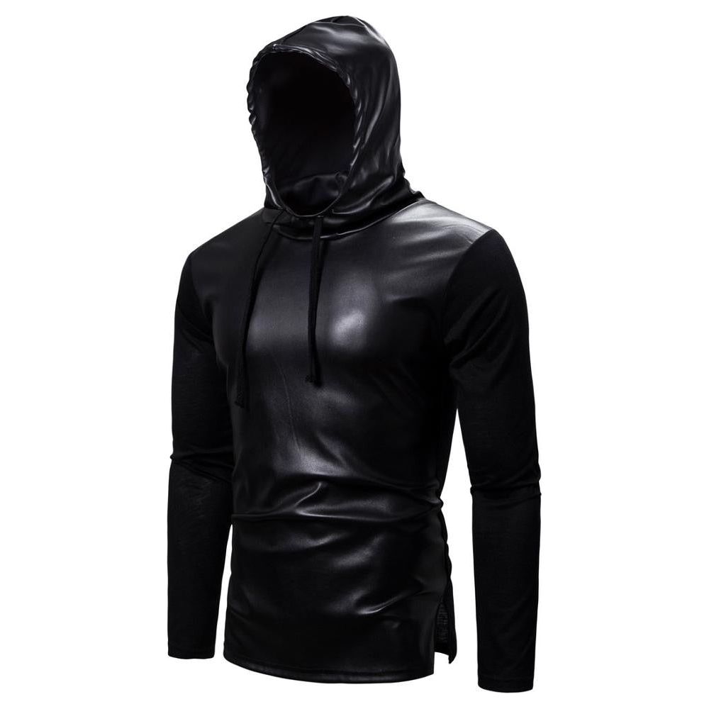 Men's Autumn Winter Black Faux Leather Long Sleeve Hooded Side Split Tees