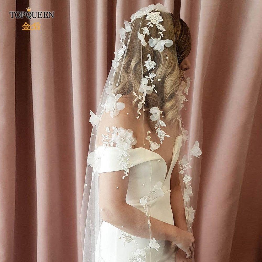 3D Flowers with Pearls Cathedral Length Luxury Bridal Veil - Frimunt Clothing Co.