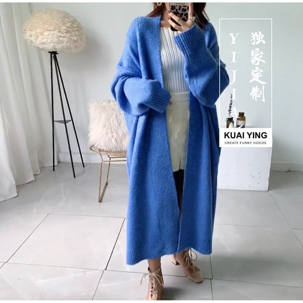 New Fall Winter Women's Open Front Loose Knit Long Cardigan Scarf Collar Lantern Sleeves Side Pockets - Frimunt Clothing Co.
