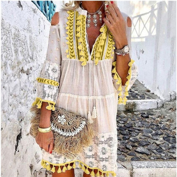 Women's Cotton Boho V-neck Lace Tassel Summer Mini Dress