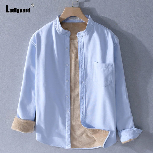 Men's Autumn Winter Fashion Thick Plush Lined Shirt Lapel or Stand-up Collar Styles - Frimunt Clothing Co.