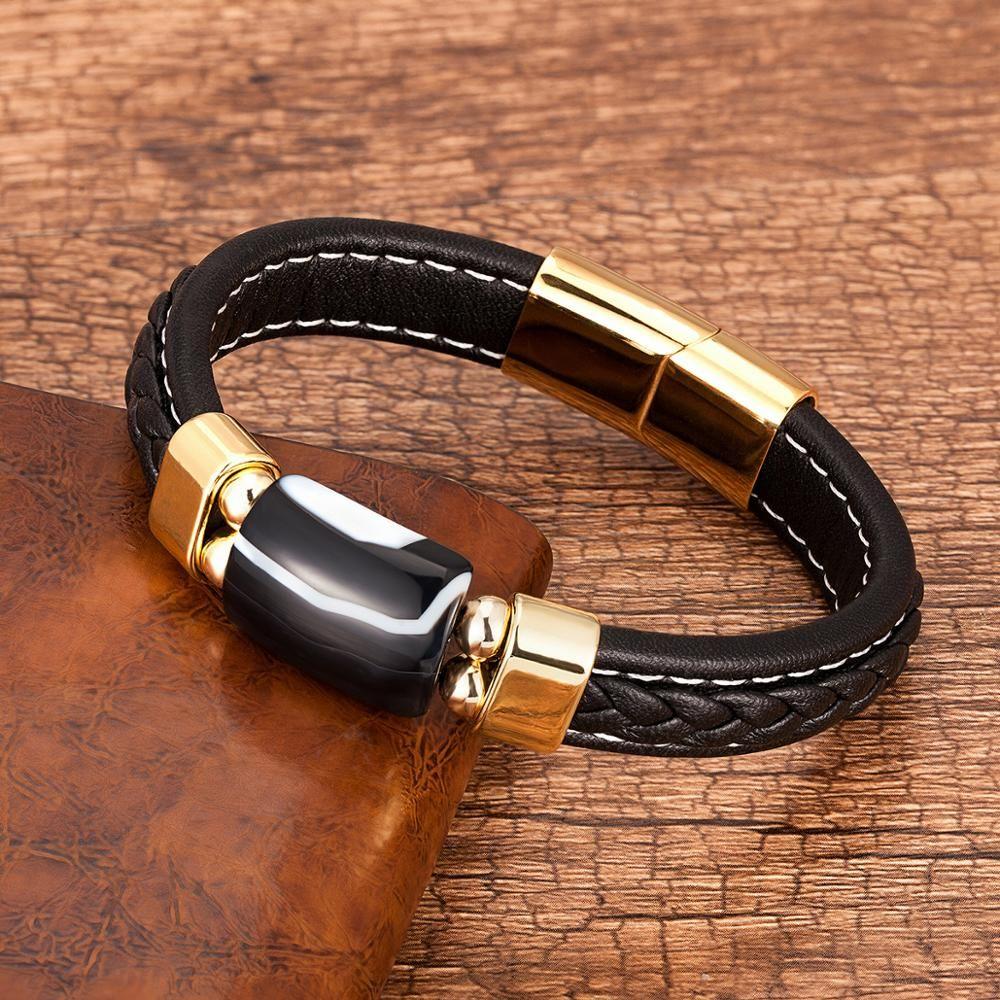 Charm Natural Tiger Eye Stone Bracelet For Men Geometric Shape Natural Stone Black Braided Leather Bracelets Gifts Bijoux Homme - Frimunt Clothing Co.