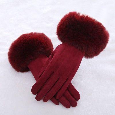 Fashion Women Winter Warm Suede Leather Touch Screen Glove Female Faux Rabit Fur Embroidery Plus velvet thick driving gloves H92 - Frimunt Clothing Co.