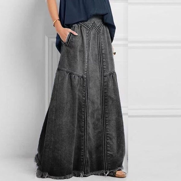 Women's Vintage Weathered Long Denim Skirt High Waist Blue, Dark Blue, Gray - Frimunt Clothing Co.