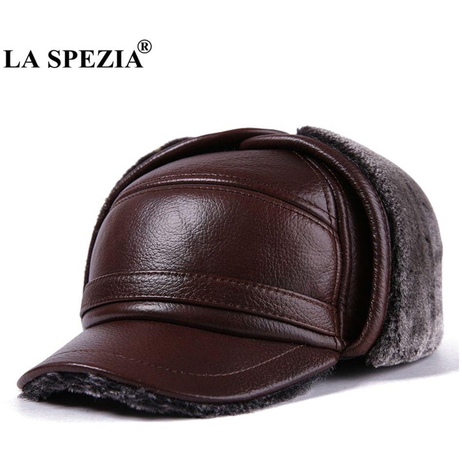 LA SPEZIA Winter Bomber Hat Men Russian Genuine Cow Leather Ushanka Cap With Ear Flaps Warm Fur Lining - Frimunt Clothing Co.