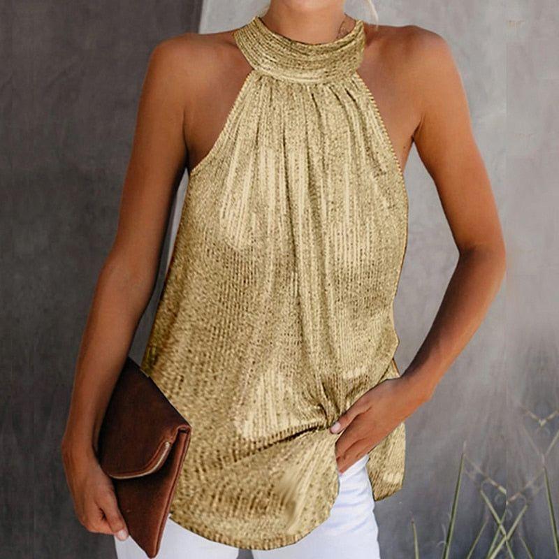 Women's Fashion Shiny Halter Neck Tank Tops Summer Casual Solid Color Blouse Black Gold Silver Leopard - Frimunt Clothing Co.
