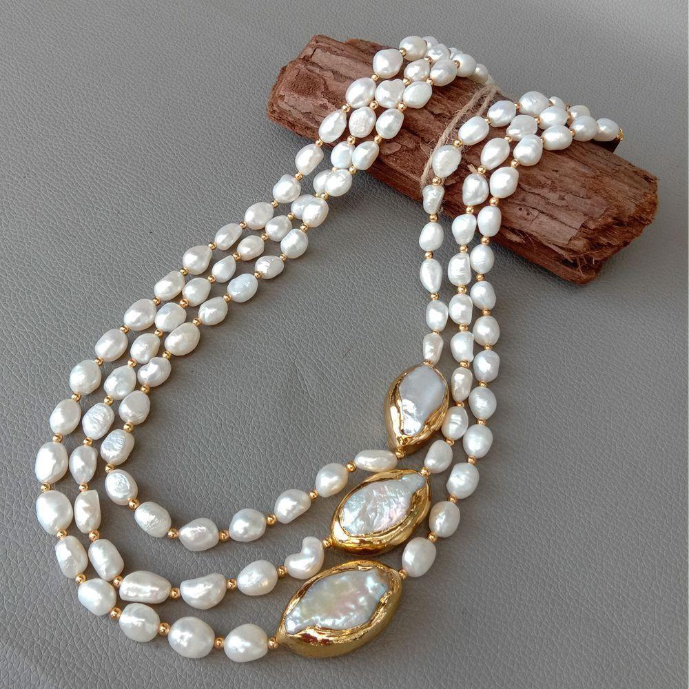 Women's 3 rows Cultured Baroque Pearls Necklace Keshi Pearl Gold Plated Clasp Classic Elegant Fashion Jewelry - Frimunt Clothing Co.