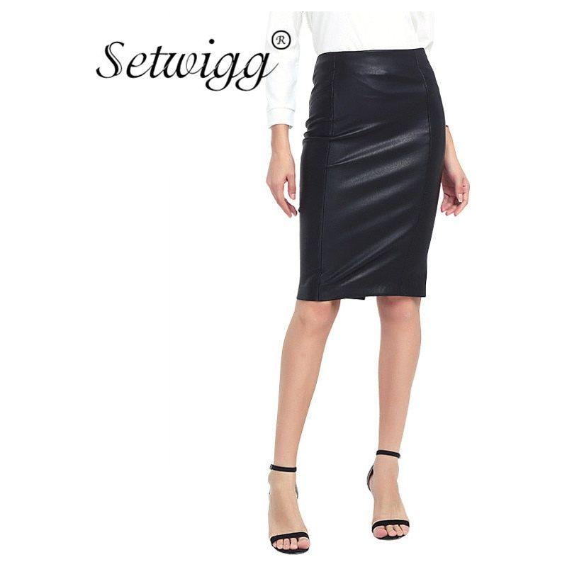 SETWIGG Women's Winter Faux Leather Midi Pencil Skirts High Waist Zipper Back Split Bodycon Below Knee Office Skirt - Frimunt Clothing Co.