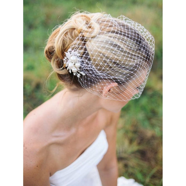 Bridal Birdcage Veil With Comb Pearls And Flowers - Frimunt Clothing Co.