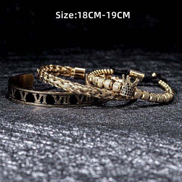 3 Piece Set Luxury Crown Handmade Men Enamel Roman Numeral Bangles Hemp Rope Stainless Steel Micro Pave CZ Luxury Jewelry