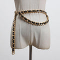 Women's Faux Black Leather Metal Chain Split Joint Long Belt - Frimunt Clothing Co.
