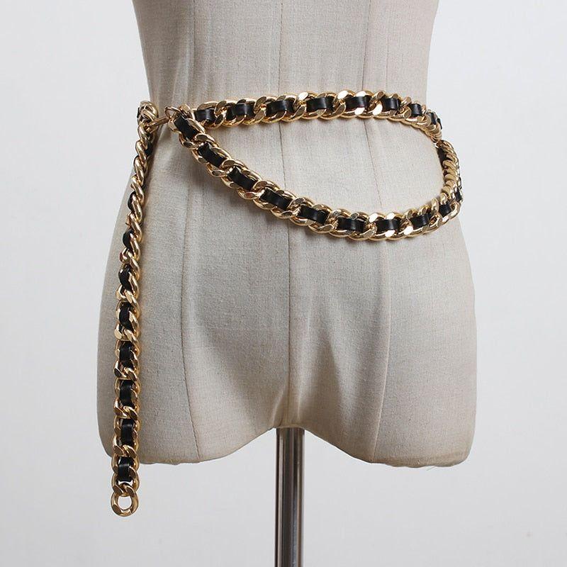 Women's Faux Black Leather Metal Chain Split Joint Long Belt - Frimunt Clothing Co.