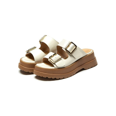 Summer New Women's High Quality Genuine Leather Two Straps Buckled Sandals Thick Platform