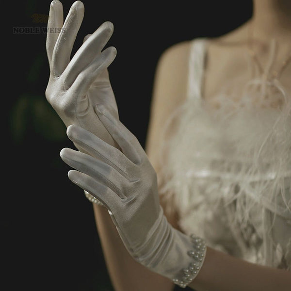 Elegant Satin Short Bridal Gloves Beaded Wedding Gloves - Frimunt Clothing Co.