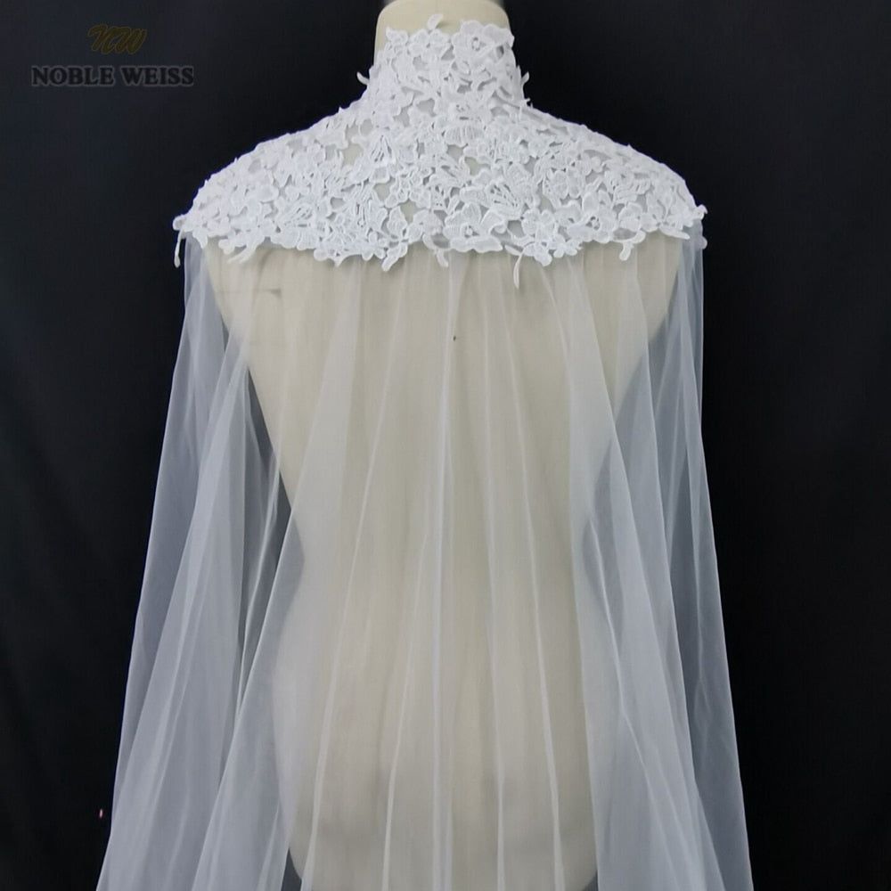 Lace Appliques Tulle Bridal Cape High Neck Long Cathedral Length - Frimunt Clothing Co.
