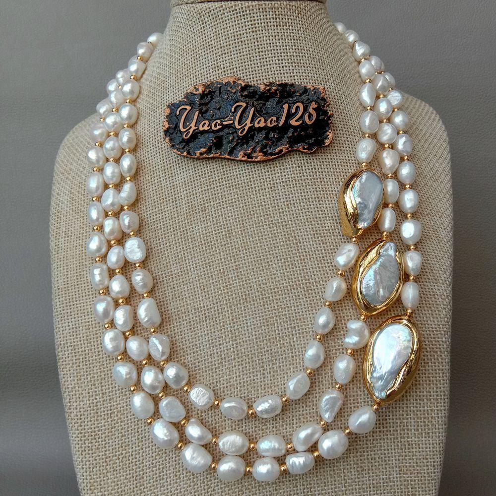 Women's 3 rows Cultured Baroque Pearls Necklace Keshi Pearl Gold Plated Clasp Classic Elegant Fashion Jewelry - Frimunt Clothing Co.