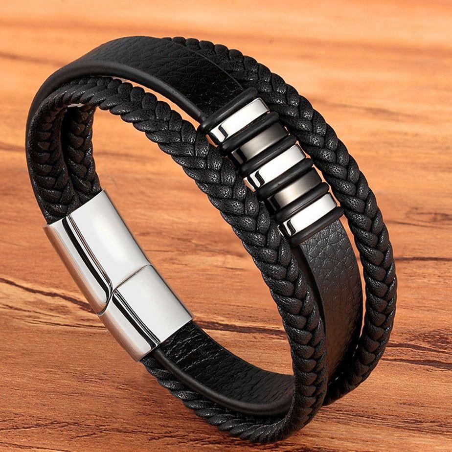 Stainless Steel Charm Magnetic Black Men Bracelet Leather Genuine Braided Punk Rock Bangles Jewelry Accessories - Frimunt Clothing Co.