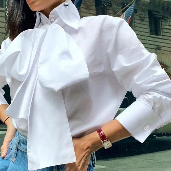 Celmia Women Elegant Bow Tie White Shirts Long Sleeve Fashion Tops
