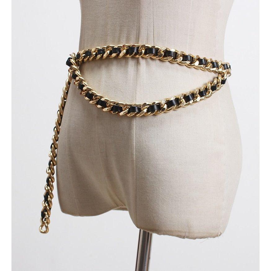 Women's Faux Black Leather Metal Chain Split Joint Long Belt - Frimunt Clothing Co.