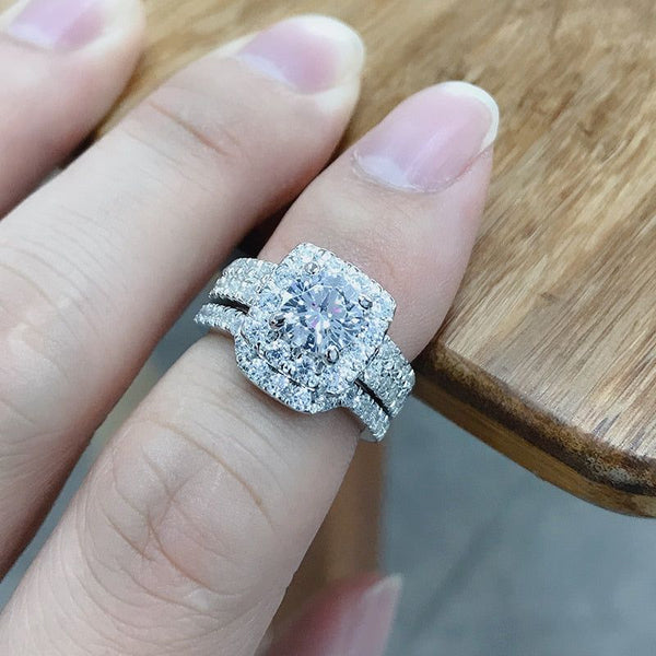 925 Sterling Silver Engagement Ring Set 1 Carat Main Created Round Cut Diamond Halo Style Fine Bridal Jewelry - Frimunt Clothing Co.