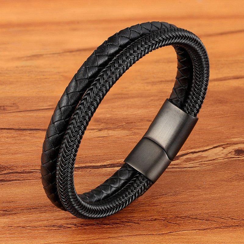 Stainless Steel Charm Magnetic Black Men Bracelet Leather Genuine Braided Punk Rock Bangles Jewelry Accessories - Frimunt Clothing Co.