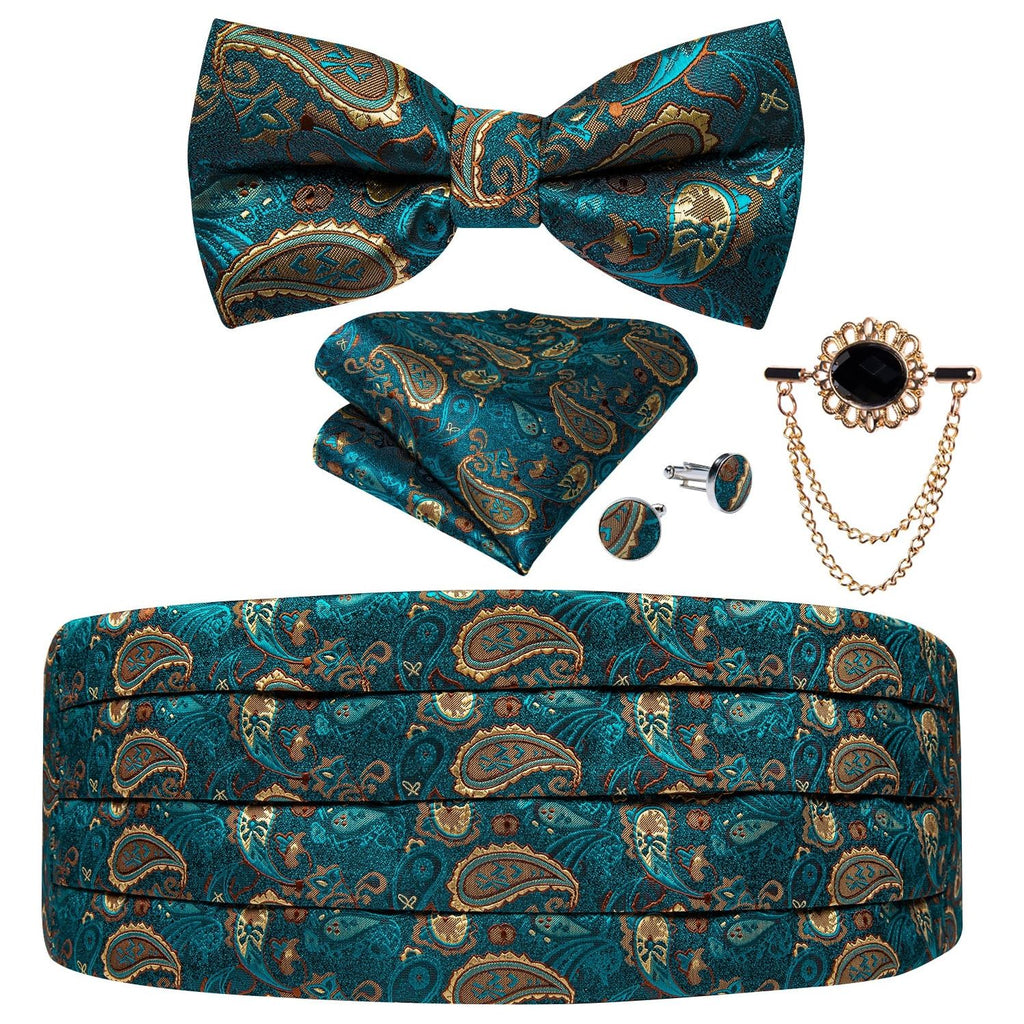 Black Floral Silk Men's Cummerbunds Bow Tie, Brooch, Hanky, Tuxedo Formal Wide Belt and Cufflinks Set. Formal Men's Fashion. - Frimunt Clothing Co.