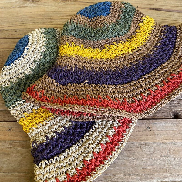 Woman Rainbow Striped Crochet Beach Boho Handmade Bucket Hat