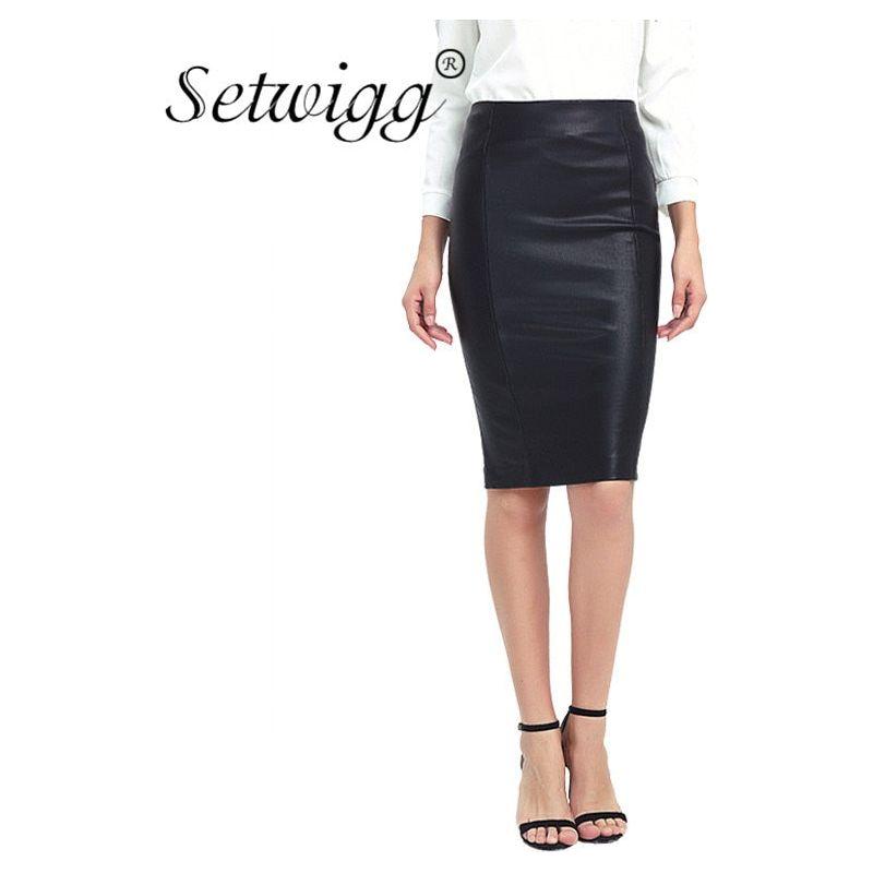 SETWIGG Women's Winter Faux Leather Midi Pencil Skirts High Waist Zipper Back Split Bodycon Below Knee Office Skirt - Frimunt Clothing Co.