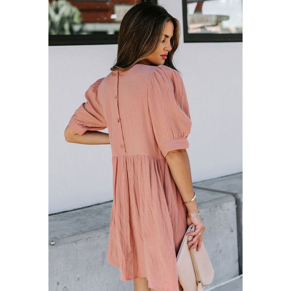 Pink/Gray/Green Pocketed Puff Sleeve Empire Waist Swing Short Dress for Women - Frimunt Clothing Co.