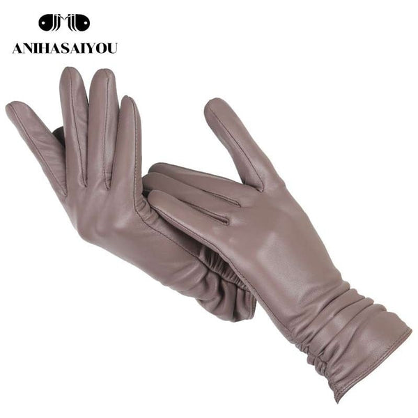 Classic Pleated Women's Genuine Leather Gloves Many Colors Real Sheepskin Leather Winter Gloves-2081