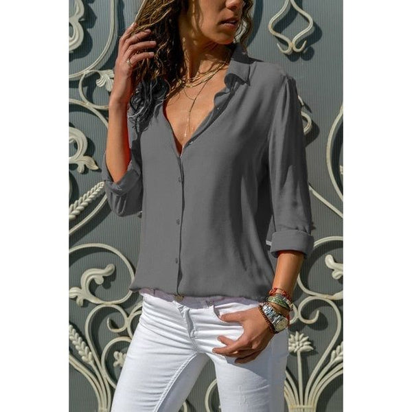 Chiffon Women Shirt Top Loose Fit Lapel Collar Button Up Long Sleeve