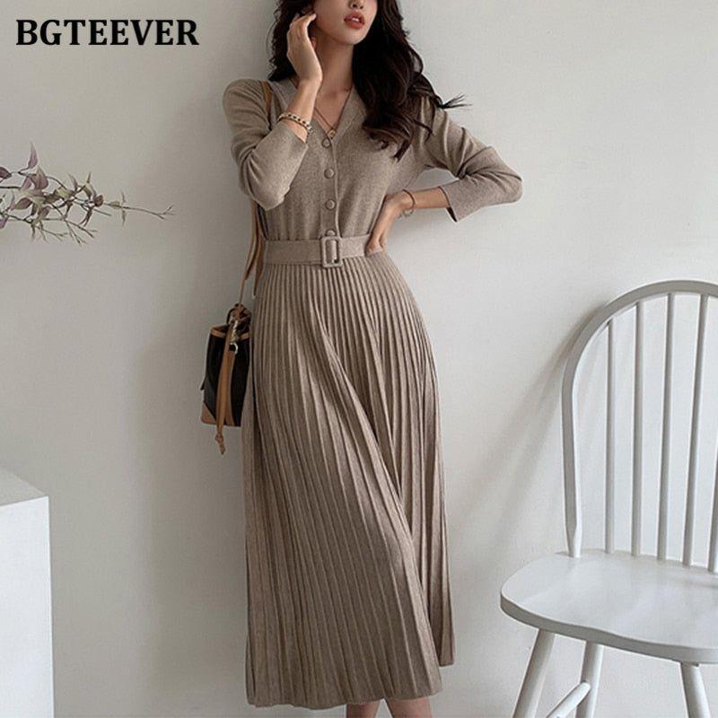 Elegant V-Neck Autumn Winter Knitted Belted Pleated Women's Long Dress - Frimunt Clothing Co.