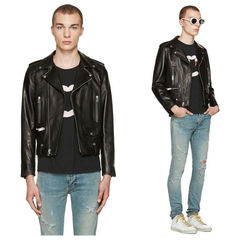 Men's Genuine Leather Jacket. Classic Cool Biker Style. Sheepskin. - Frimunt Clothing Co.